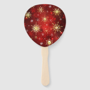 Christmas Golden Snowflakes on Red Background Hand Fan