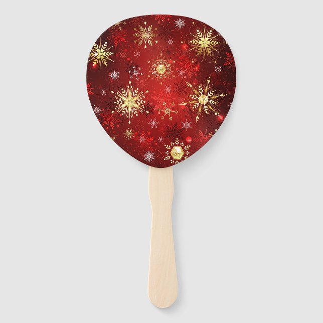 Christmas Golden Snowflakes on Red Background Hand Fan (Front)