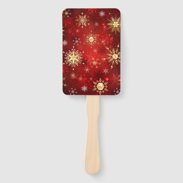 Christmas Golden Snowflakes on Red Background Hand Fan (Front)