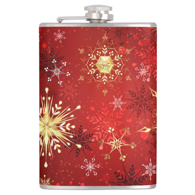 Christmas Golden Snowflakes on Red Background Hip Flask (Front)