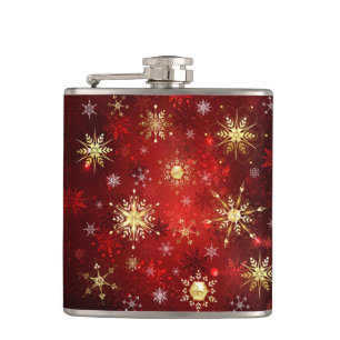 Christmas Golden Snowflakes on Red Background Hip Flask