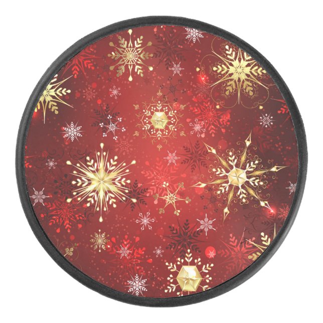 Christmas Golden Snowflakes on Red Background Hockey Puck (Front)