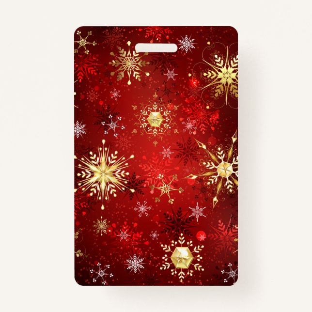 Christmas Golden Snowflakes on Red Background ID Badge (Front)