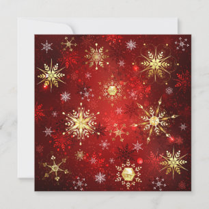 Christmas Golden Snowflakes on Red Background Invitation