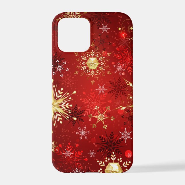 Christmas Golden Snowflakes on Red Background iPhone Case (Back)