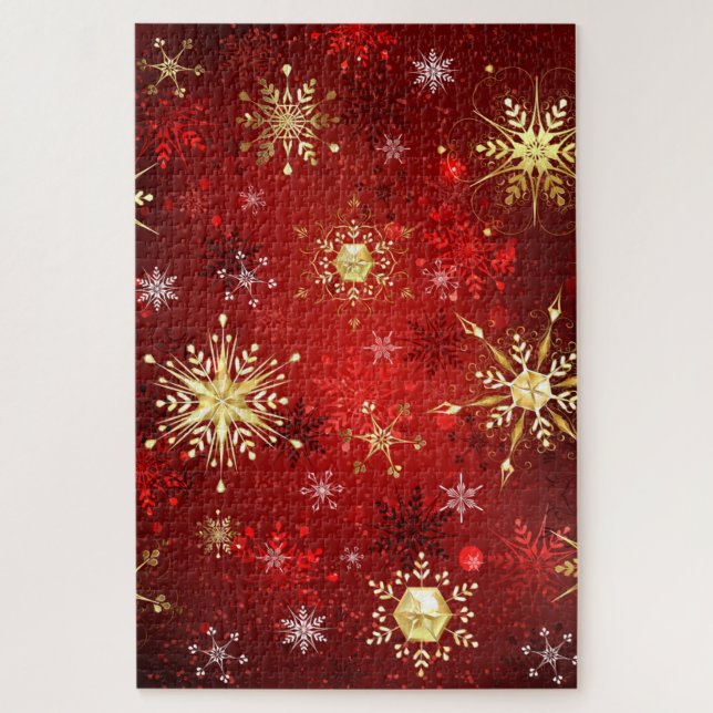 Christmas Golden Snowflakes on Red Background Jigsaw Puzzle (Vertical)