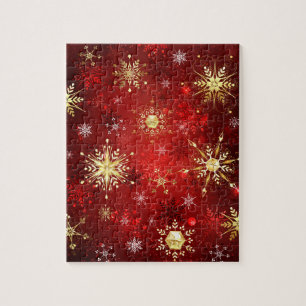Christmas Golden Snowflakes on Red Background Jigsaw Puzzle