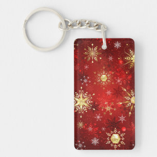 Christmas Golden Snowflakes on Red Background Key Ring