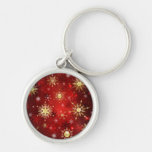 Christmas Golden Snowflakes on Red Background Key Ring