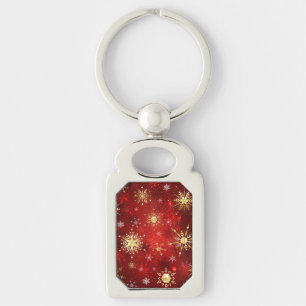 Christmas Golden Snowflakes on Red Background Key Ring