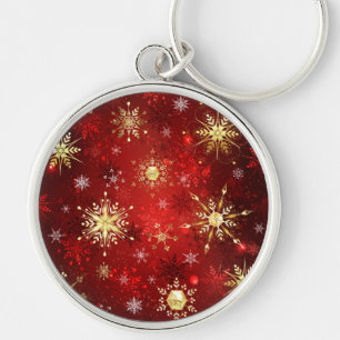 Christmas Golden Snowflakes on Red Background Key Ring