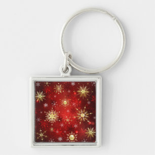 Christmas Golden Snowflakes on Red Background Key Ring