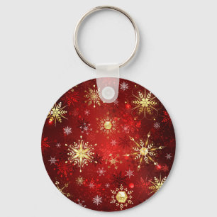 Christmas Golden Snowflakes on Red Background Key Ring