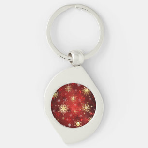 Christmas Golden Snowflakes on Red Background Key Ring
