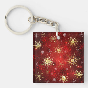 Christmas Golden Snowflakes on Red Background Key Ring
