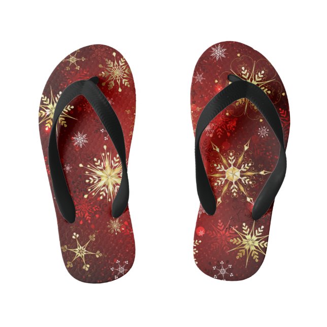 Christmas Golden Snowflakes on Red Background Kid's Flip Flops (Footbed)