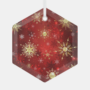 Christmas Golden Snowflakes on Red Background Labe Glass Tree Decoration