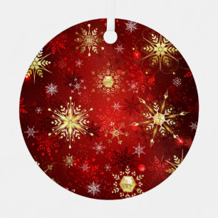 Christmas Golden Snowflakes on Red Background Labe Metal Tree Decoration