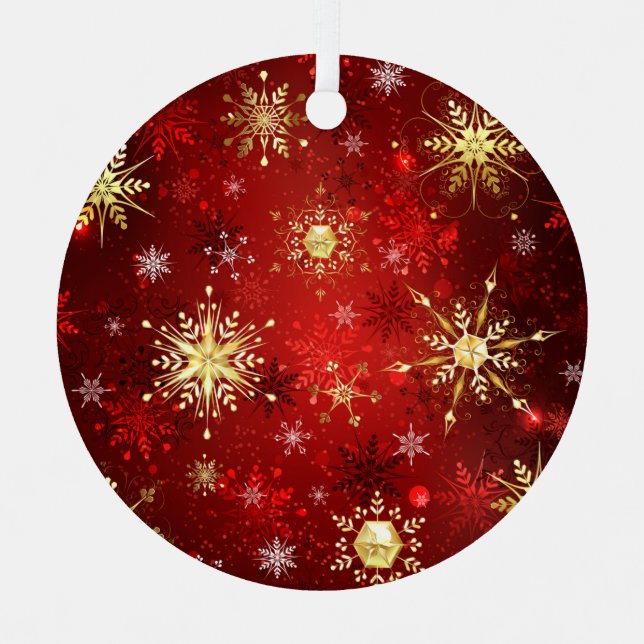 Christmas Golden Snowflakes on Red Background Labe Metal Tree Decoration (Front)