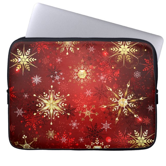 Christmas Golden Snowflakes on Red Background Laptop Sleeve (Front)