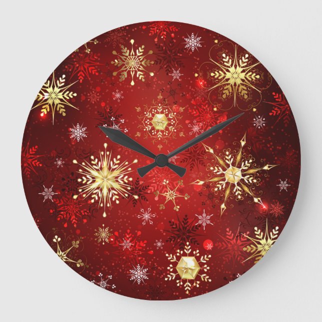 Christmas Golden Snowflakes on Red Background Large Clock (Front)