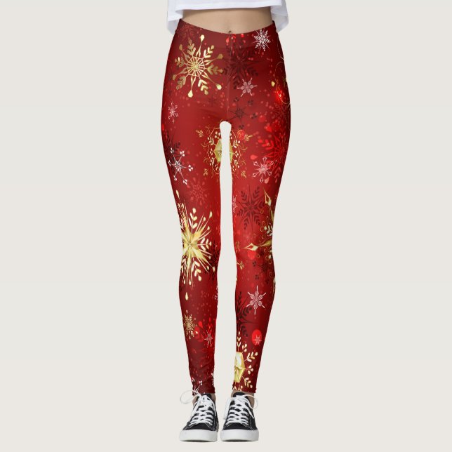 Christmas Golden Snowflakes on Red Background Leggings (Front)