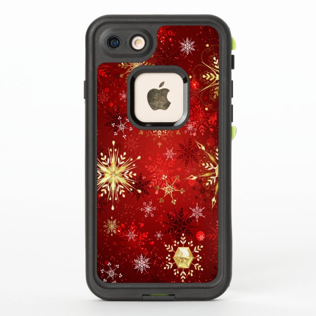 Christmas Golden Snowflakes on Red Background LifeProof iPhone Case (Back)