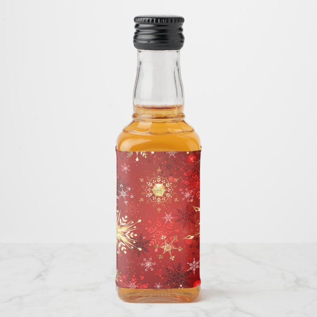 Christmas Golden Snowflakes on Red Background Liquor Bottle Label (Front)