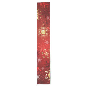 Christmas Golden Snowflakes on Red Background Long Table Runner