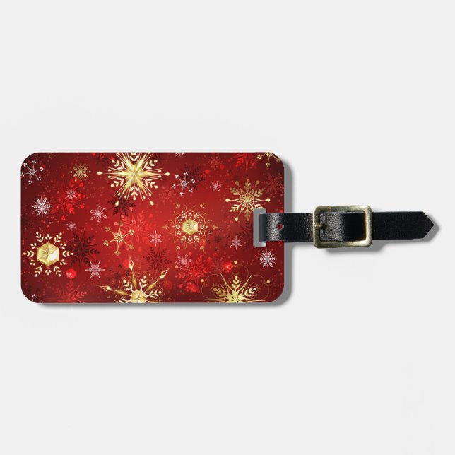 Christmas Golden Snowflakes on Red Background Luggage Tag (Front Horizontal)