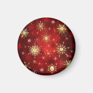 Christmas Golden Snowflakes on Red Background Magnet