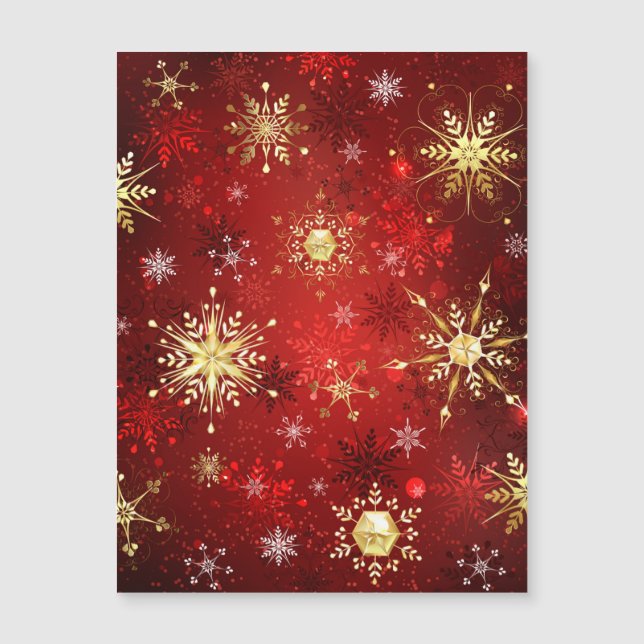 Christmas Golden Snowflakes on Red Background Magnetic Invitation (Front)