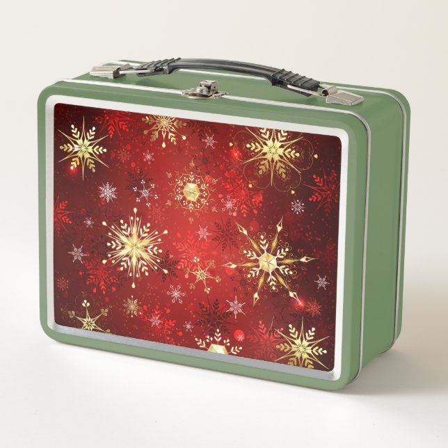 Christmas Golden Snowflakes on Red Background Metal Lunch Box (Front)