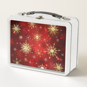 Christmas Golden Snowflakes on Red Background Metal Lunch Box