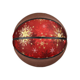 Christmas Golden Snowflakes on Red Background Mini Basketball