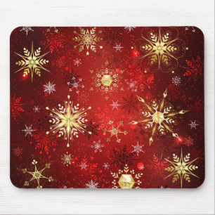 Christmas Golden Snowflakes on Red Background Mouse Mat