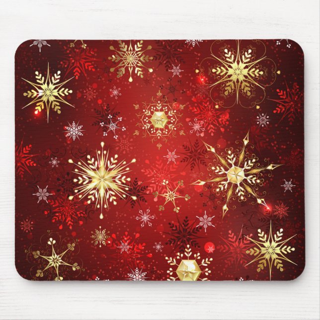 Christmas Golden Snowflakes on Red Background Mouse Mat (Front)