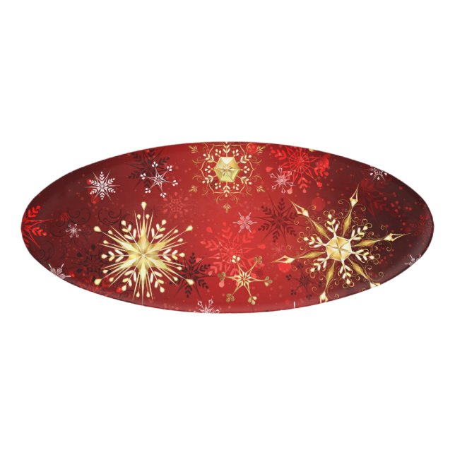 Christmas Golden Snowflakes on Red Background Name Tag (Front)
