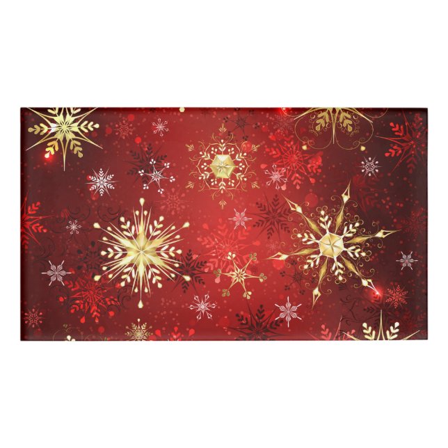 Christmas Golden Snowflakes on Red Background Name Tag (Front)