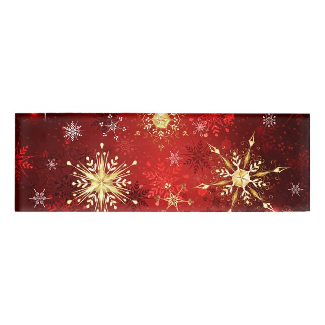 Christmas Golden Snowflakes on Red Background Name Tag (Front)