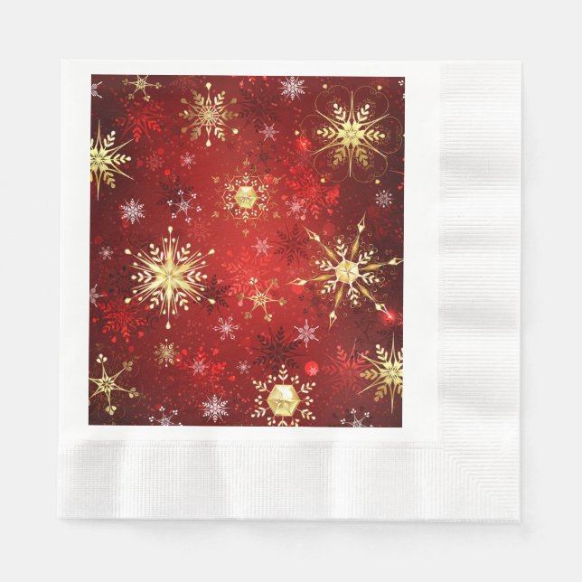 Christmas Golden Snowflakes on Red Background Napkin (Front)