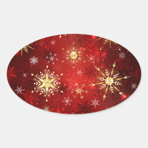 Christmas Golden Snowflakes on Red Background Oval Sticker