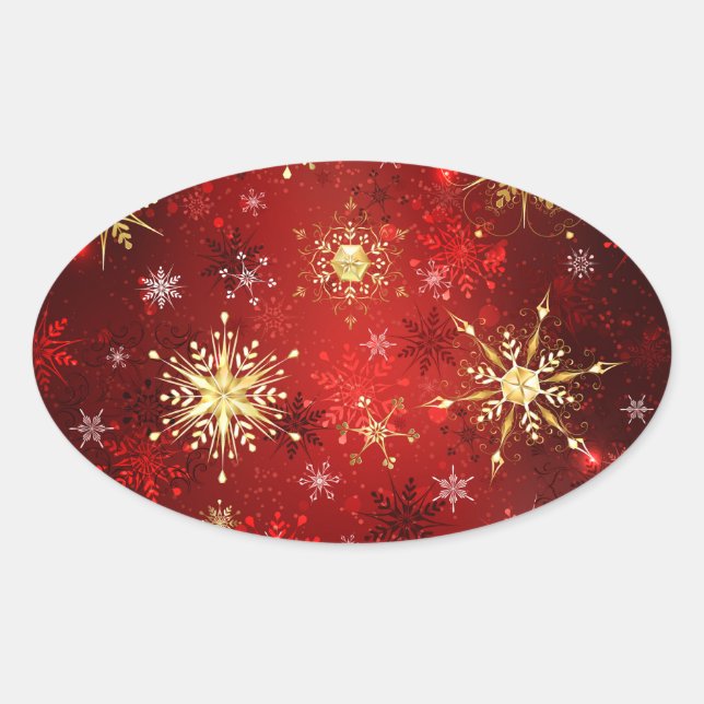 Christmas Golden Snowflakes on Red Background Oval Sticker (Front)