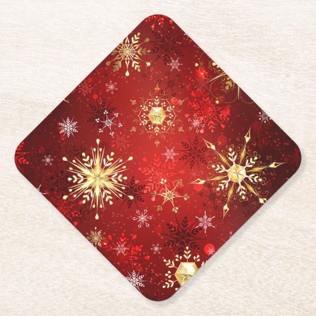 Christmas Golden Snowflakes on Red Background Paper Coaster (Front)