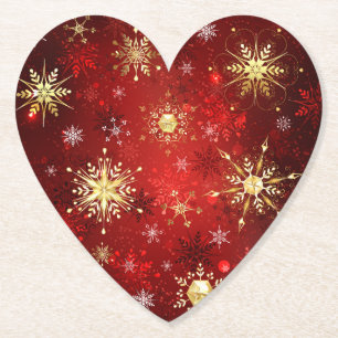 Christmas Golden Snowflakes on Red Background Paper Coaster