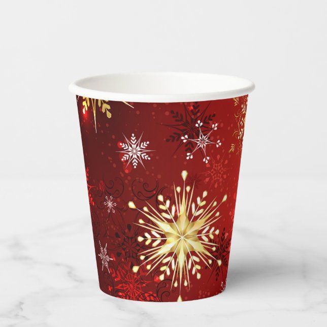 Christmas Golden Snowflakes on Red Background Paper Cups (Front)