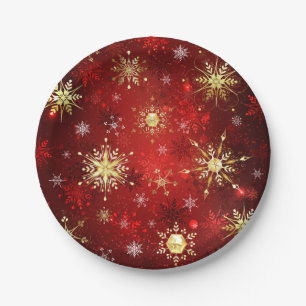 Christmas Golden Snowflakes on Red Background Paper Plate