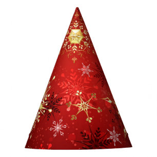 Christmas Golden Snowflakes on Red Background Party Hat