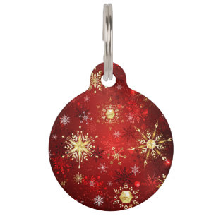 Christmas Golden Snowflakes on Red Background Pet Tag