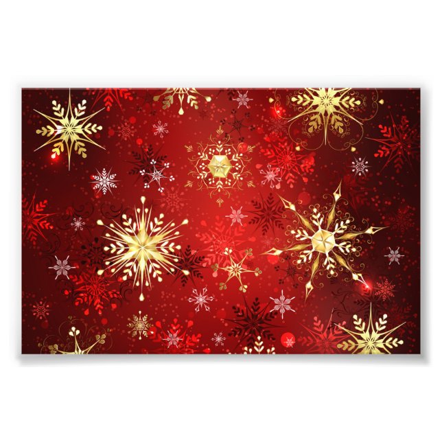 Christmas Golden Snowflakes on Red Background Photo Print (Front)